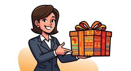 Smiling Businesswoman Presenting a Beautifully Wrapped Gift Box.