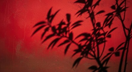 Shadows of plants on a vibrant red wall.