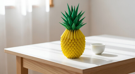 Yellow and green pineapple origami standing on a Japanese-style white table