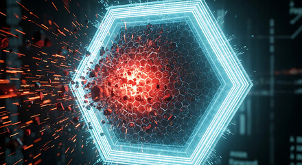 Abstract digital explosion of a glowing hexagon with scattered particles, representing technology