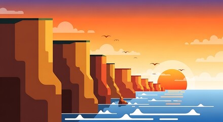 Vector illustration of coastal cliffs at a scenic ocean sunset.