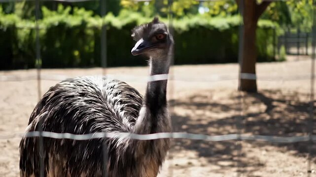 Close-up view of an Australian Emu, a large flightless bird, observed in an outdoor wildlife enclosure with a fence in the foreground
