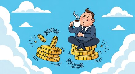 Businessman Relaxing on Money Stacks in Clouds with Coffee.