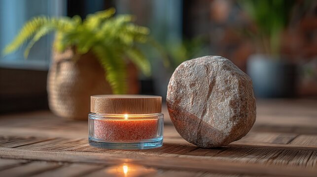 Luxurious spa ritual with glowing candle, natural stone, and lush green plant on rustic wooden surface, evoking tranquility and self care.