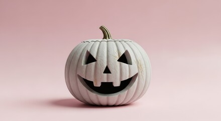 Spooky White Halloween Pumpkin Decoration on Pink Background.