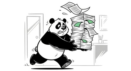 Stressed Panda Rushing with Stack of Papers.