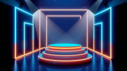 Futuristic neon stage with circular podium and dramatic lighting