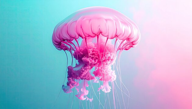 Pink jellyfish, graceful, translucent form against blue/pink