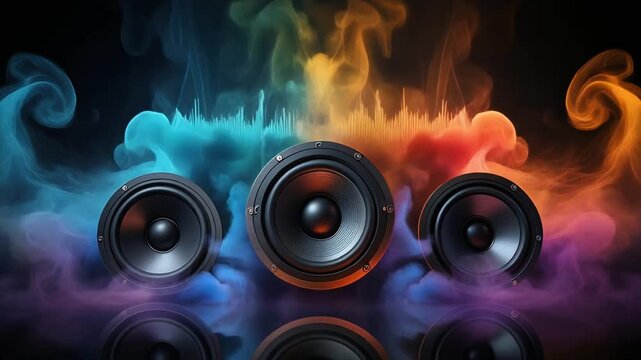 Colorful smoke surrounds three music speakers while they amplify sound waves, creating a dynamic atmosphere against dark background