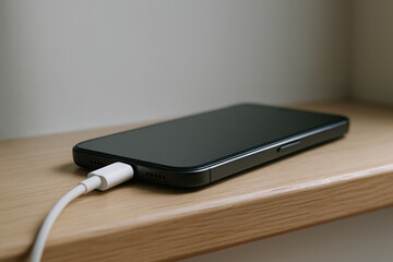 Modern smartphone charging on wooden shelf with white usb c cable in natural morning light, closeup of tech device at home
