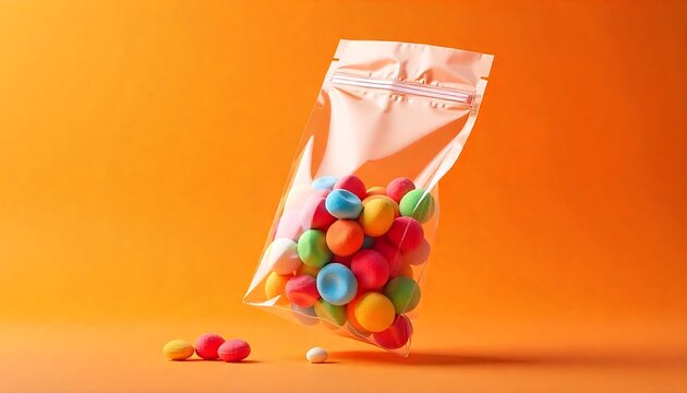 Colorful candy delights in a clear bag against a vibrant orange backdrop, perfect for sweet treats packaging and playful branding initiatives