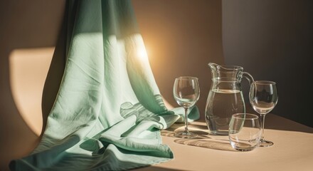 Still life with water pitcher and glasses on a table with draped fabric.