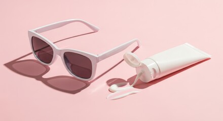 Stylish Sunglasses and Sunscreen on Pink Background.