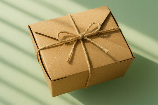 eco friendly kraft paper gift box tied with natural twine on pastel green background in natural sunlight, sustainable packaging concept