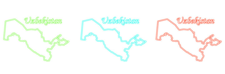 Vibrant neon Uzbekistan map outlines in green cyan and red colors shining brightly on a dark background