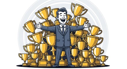 Successful Businessman Celebrating Achievement with Many Trophies.
