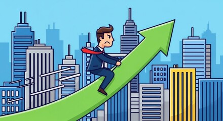Businessman Riding Upward Arrow in Cityscape.