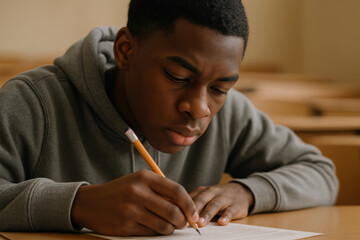 Focused male student writing answers during important academic exam in classroom, concentrating on test sheet