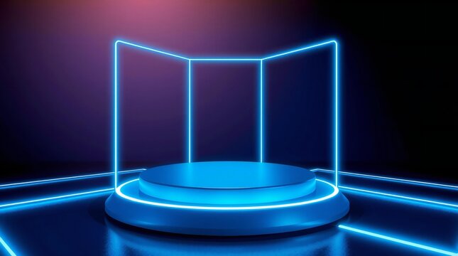 Futuristic neon light display stand with blue and purple glow