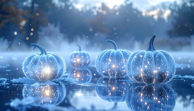Cluster of icy pumpkins glows softly on a reflective frozen lake, creating a surreal, dreamlike scene
