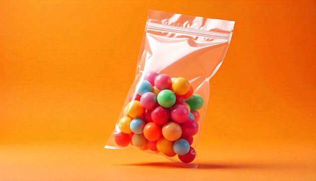 Colorful bubble gum balls in a clear bag offer a vibrant and playful snack, perfect for candy stores, bakeries, or fun party themes