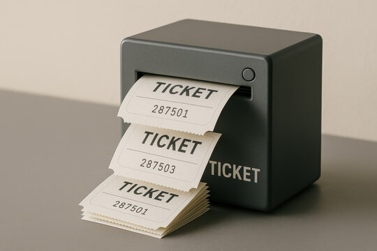 Automatic ticket dispenser machine printing numbered paper slips, modern minimalist design, standalone on gray surface