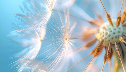 Obraz premium Close Up Macro Of Dandelion Seed Head With Fluffy White Parachutes Against A Soft Blue Sky Background In Natural Daylight With A Shallow Depth Of Field