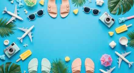 Summer Travel Essentials Flat Lay on Blue Background.