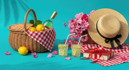 Summer Picnic Basket with Refreshments and Straw Hat on Blue Background.