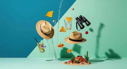 Summer Vacation Essentials Floating in Air with Tropical Drinks and Hats.