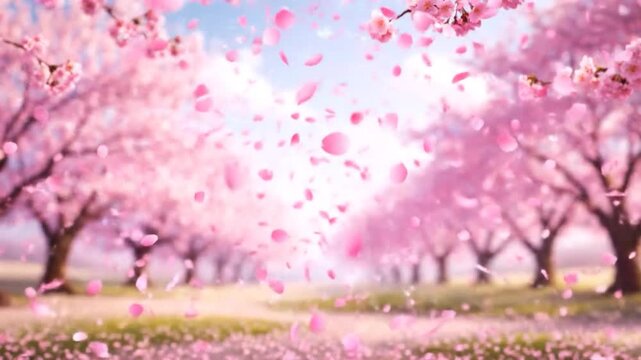 Pink cherry blossoms in full bloom, petals falling from the trees, creating a scenic landscape