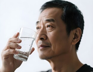 adult man drinking a glass of mineral water, isolated on white background