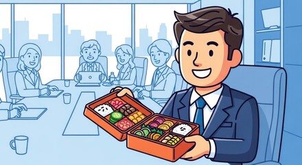 Businessman Shares Chocolates with Colleagues in a Meeting.