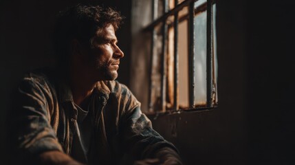 Obraz premium Moody portrait of a thoughtful man gazing out a window in soft natural light, expressing introspection and solitude in a dimly lit rustic interior setting