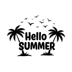 Hello Summer Tropical Vacation Typography Design with Palm Tree Silhouettes and Flying Birds