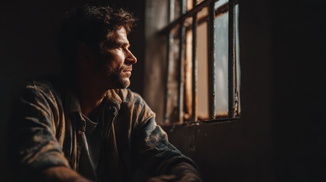 Moody portrait of a thoughtful man gazing out a window in soft natural light, expressing introspection and solitude in a dimly lit rustic interior setting