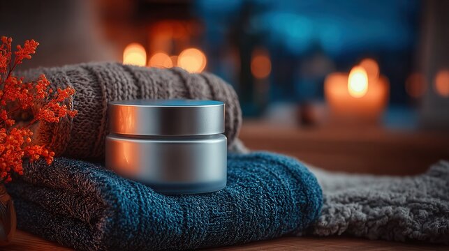 Elegant silver jar on cozy knitted blankets evokes warmth and relaxation for skincare marketing, a spa retreat, or self-care campaign.