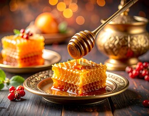 Close-up honeycomb with golden honey dripping, served on elegant plate with warm bokeh background