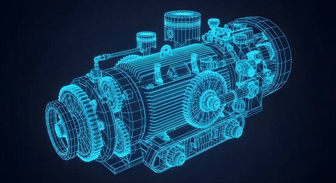 Train engine Blue Wireframe Engine with Gears on Dark Blue Background motor internal combustion
