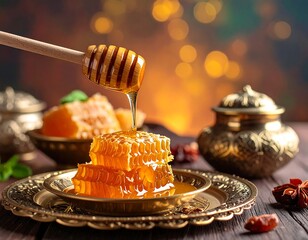 Thick, golden honey dripping onto stacked honeycomb slices on a small, ornate plate, with bokeh background.
