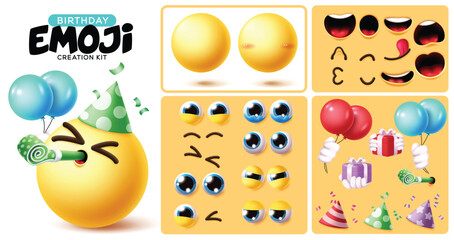 Emoji birthday creation kit clipart set. Happy Birthday editable emoticon clip art with head, mouth, eyes, tongue, eyebrow and party elements like balloons, gift box, blowing balloons and party hat 