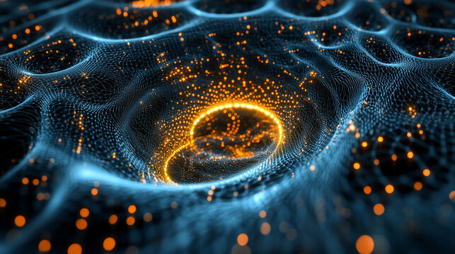 An algorithmic swirl resembles a digital galaxy symbolizing complexity data flow and the beauty of structured information representing abstract technology and futuristic computational design