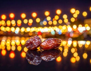 Two dates reflecting on a dark, glossy surface against a vibrant, out-of-focus city lights bokeh background.