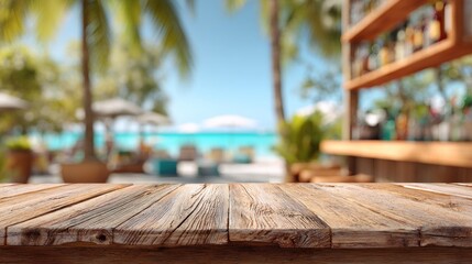 Beachside bar with a weathered wood counter and blurred ocean view