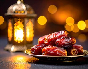 Fresh glossy dates on golden plate with glowing lantern, symbolizing Ramadan iftar tradition