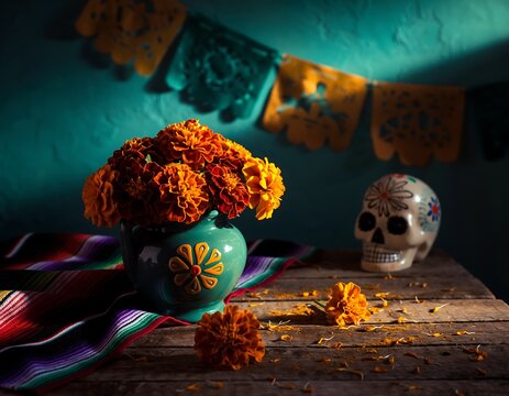 Vibrant still life for the Day of the Dead celebration featuring a sugar skull, marigold flowers, and papel picado