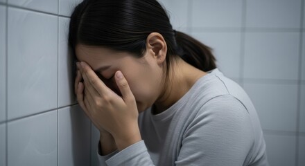 A woman with dark hair pressed against a tiled wall with her hands covering her face in distress