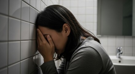 Woman with head against tiled wall covering face with hands in bathroom with sink and mirror