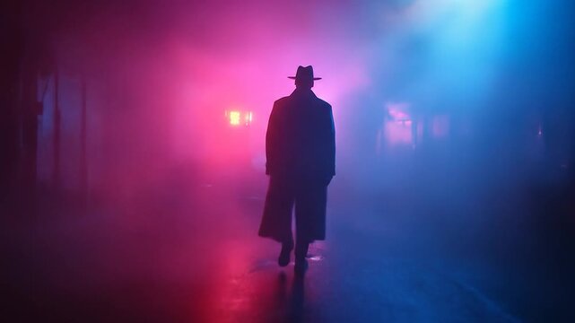 Solitary figure in fedora and trench coat walks through fog lit by blue and pink lights
