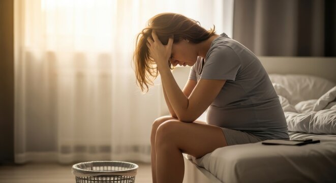 Pregnant woman sitting on bed with hands on head looking down in a bright room with curtains and basket